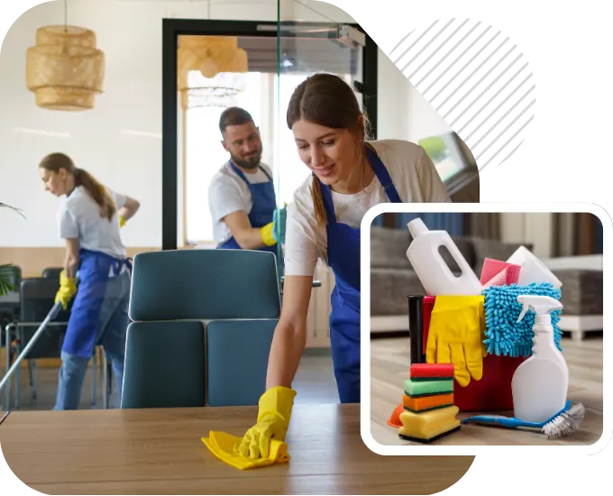 Team Cleaning Table and Floor